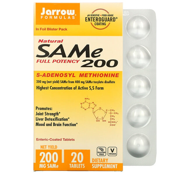 Jarrow Formulas, SAMe 200, S-adenosil-L-metionina, 200 mg, 20 comprimidos