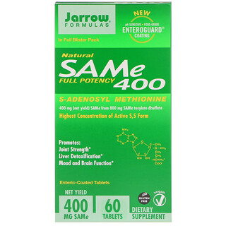 Jarrow Formulas, SAM-e 400 (S-adénosyl-L-méthionine) naturelle, 400 mg, 60 comprimés à enrobage entérique
