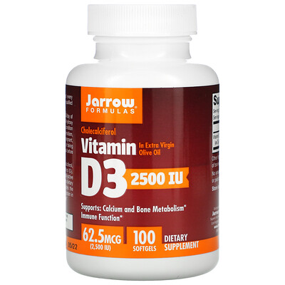 Jarrow Formulas Витамин D3, холекальциферол, 2500 МЕ, 100 мягких желатиновых капсул