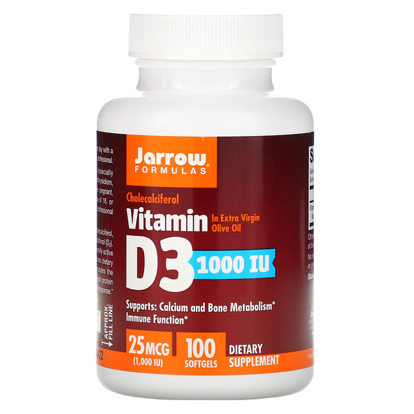 Jarrow Formulas, витамин D3, холекальциферол, 25 мкг (1000 МЕ), 100 капсул