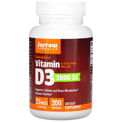 Jarrow Formulas витамин D3, холекальциферол, 1000 МЕ, 200 мягких таблеток