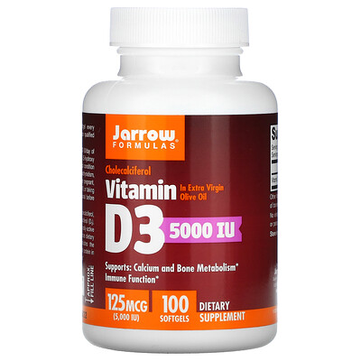 Jarrow Formulas витамин D3, холекальциферол, 125 мкг (5000 МЕ), 100 мягких таблеток