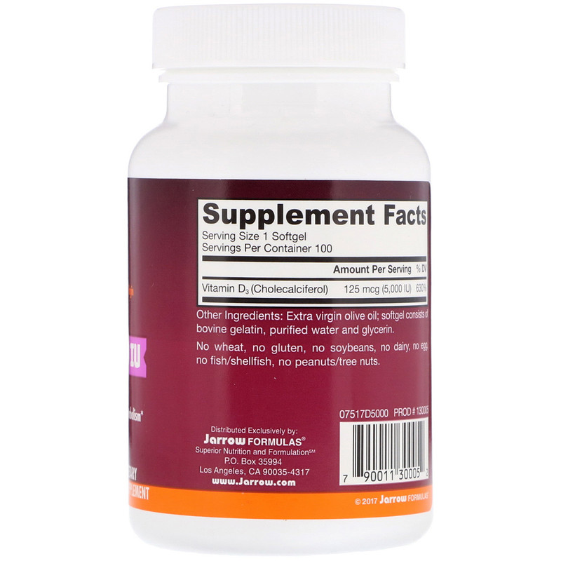 Jarrow Formulas, Vitamin D3, Cholecalciferol, 5,000 IU, 100 Softgels
