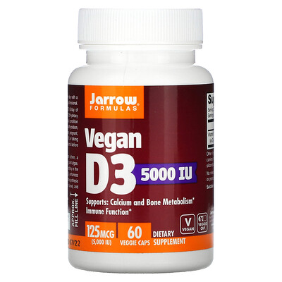 Jarrow Formulas Vegan D3, 125 mcg (5,000 IU), 60 Veggie Caps