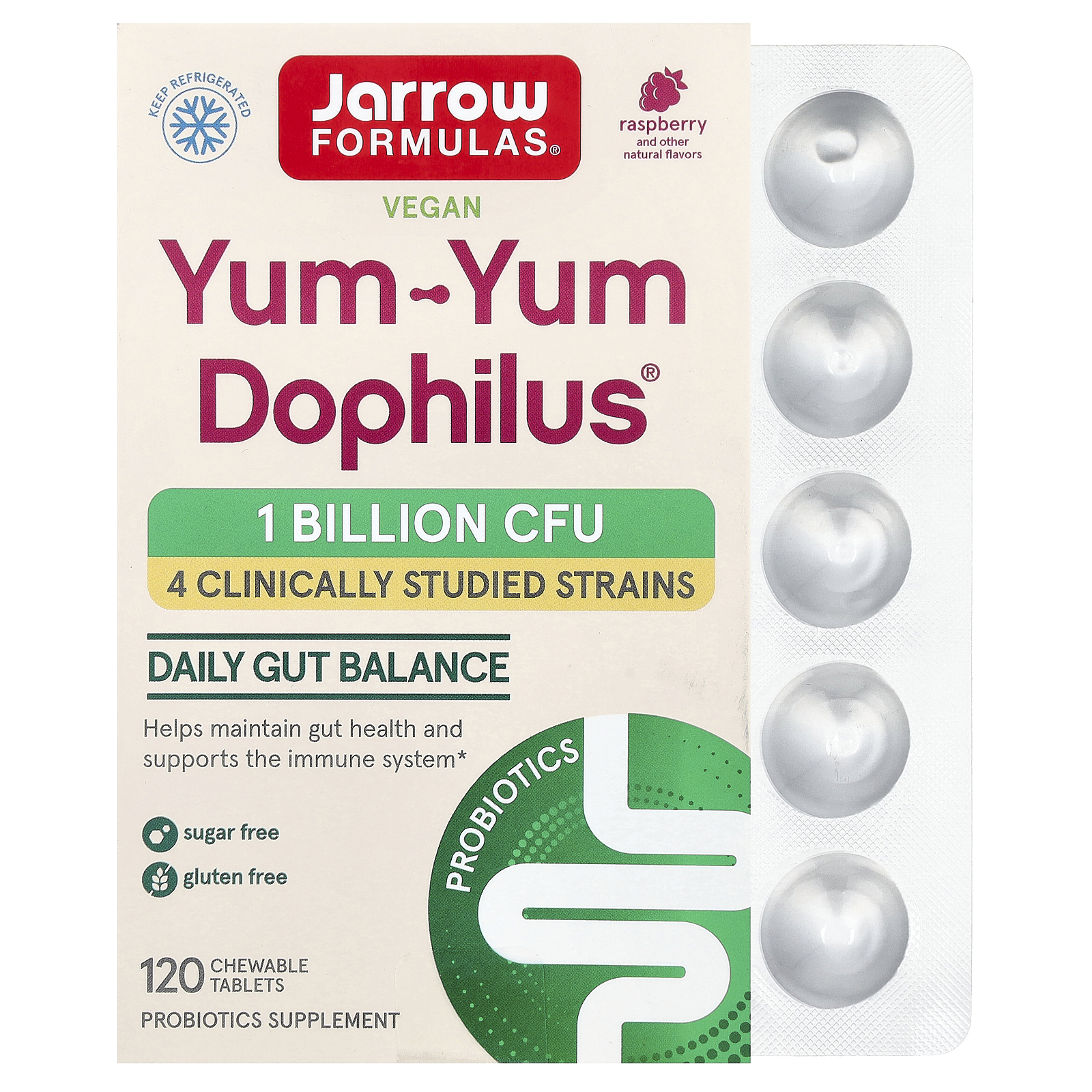 Jarrow Formulas (자로우포뮬러스), 비건 Yum-Yum Dophilus®, 라즈베리, 츄어블 120정