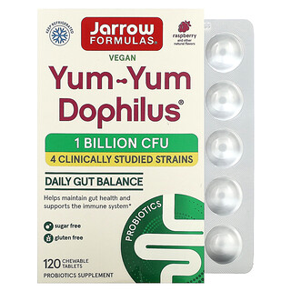 Jarrow Formulas, Yum-Yum Dophilus, Sem Açúcar!, Sabor Natural de Framboesa, 120 Comprimidos Mastigáveis
