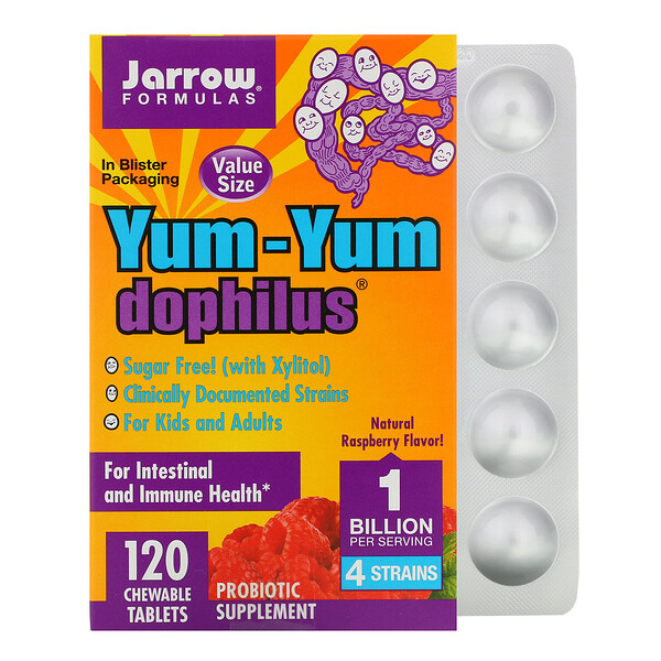 Jarrow Formulas, Yum-Yum Dophilus, Sugar-Free!, Natural Raspberry Flavor, 120 Chewable Tablets (Ice) 
