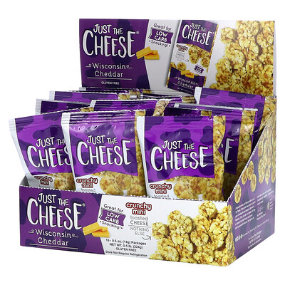Just The Cheese Crunchy Mini Toasted Cheese, Wisconsin Cheddar, 16 Packages, 0.5 oz (14 g) Each
