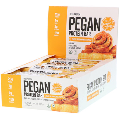 Julian Bakery PEGAN Protein Bar, Vanilla Cinnamon Twist, 12 Bars, 2.29 oz (65 g) Each
