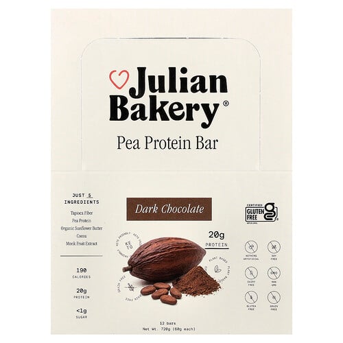Julian Bakery Pea Protein Bar, Dark Chocolate, 12 Bars, 2.1 oz (60 g) Each