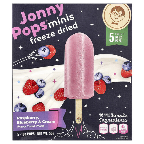 Jonnypops Freeze Dried Minis, Raspberry, Blueberry & Cream, 5 Pops, 10 g Each
