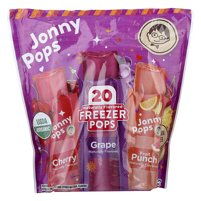 JonnyPops, Paletas para congelar, Cereza y uva, Ponche de frutas, 20 paletas, 41 ml (1,4 oz. líq.) cada una