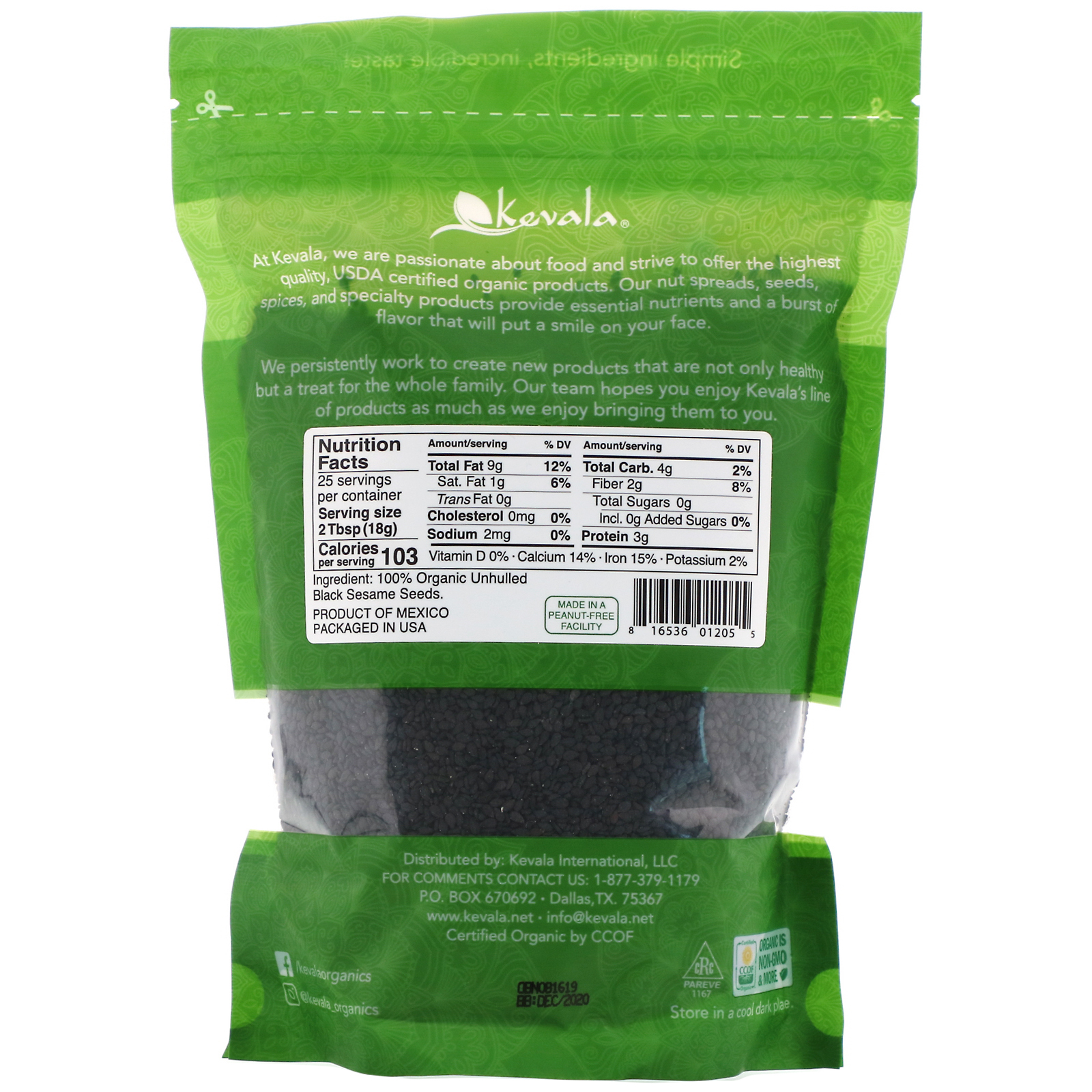 Kevala Organic Black Sesame Seeds Raw Unhulled 16 Oz 454 G Iherb