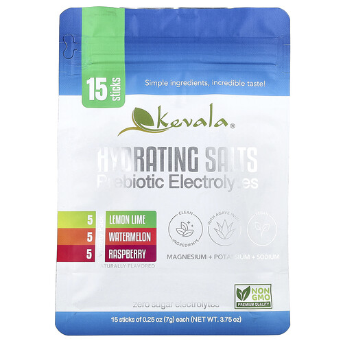 Kevala Hydrating Salts, Prebiotic Electrolytes, Variety Pack, 15 Sticks, 0,25 oz (7 g) Each
