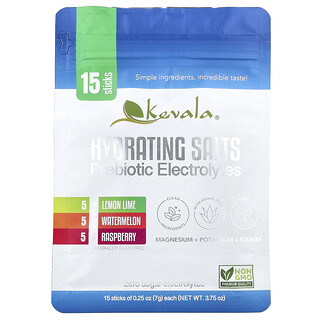 Kevala, Garam yang Melembapkan, Elektrolit Prebiotik, Kemasan Ragam, 15 Stik, Masing-Masing 0,25 ons (7 g)