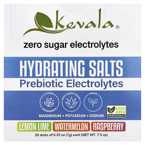 Kevala Hydrating Salts, Prebiotic Electrolytes, Variety Pack, 30 Sticks, 0.25 oz (7 g) Each