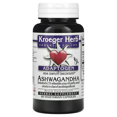 Kroeger Herb Co, Ashwagandha, 60 cápsulas vegetales (225 mg por cápsula)