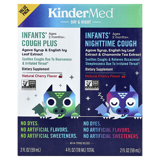 KinderFarms, KinderMed®, Infants' Tos Plus y Tos nocturna de los bebés, 2 meses en adelante, Sabor natural a cereza, 2 frascos, 59 ml (2 oz. líq.) cada uno