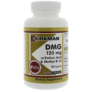 Kirkman Labs, DMG, с фолиновой кислотой и спиртовым B-12, 125 мг, 200 капсул