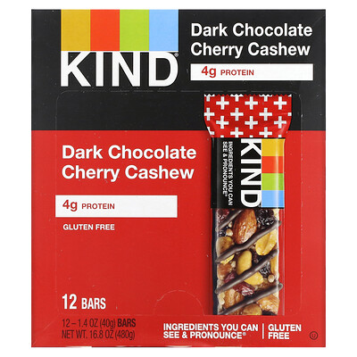 KIND Bars Kind Plus, темный шоколад, вишня, кешью и антиоксиданты, 12 батончиков по 40 г (1,4 унции)