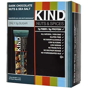 Купить KIND Bars, Nuts & Spices, батончики из темного шоколада с орехами и морской солью, 12 батончиков по 40 г  на IHerb