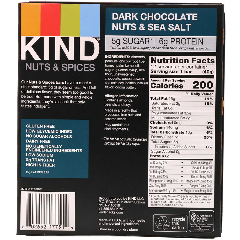 KIND Bars, Nuts & Spices, Dark Chocolate Nuts & Sea Salt, 12 Bars, 1.4