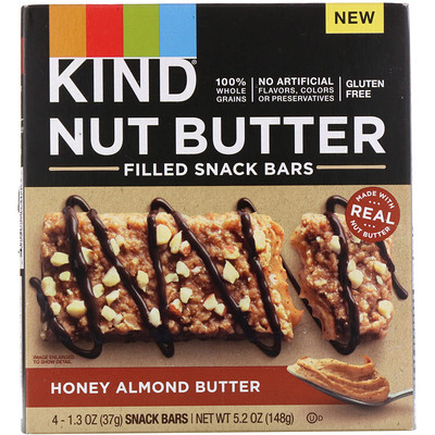 

KIND Bars Батончики с ореховым маслом для закуски, медово-миндальное масло, 4 батончика, по 1,3 унции (37 г) каждый