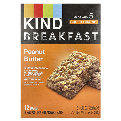 Product Image for KIND Bars, Breakfast Bar, Peanut Butter, 6 Packs, 1.76 oz (50 g) Each