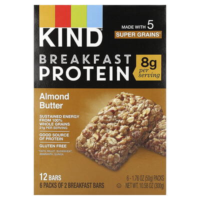 KIND Bars, Barritas proteicas para el desayuno, Mantequilla de almendras, 6 paquetes, 50 g (1,76 oz) cada uno