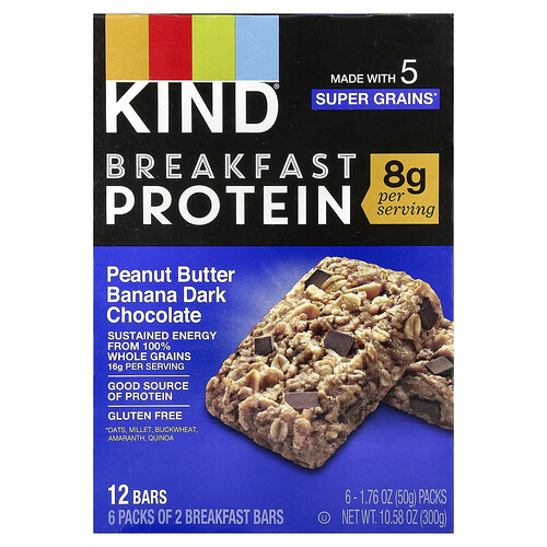 KIND Bars, Breakfast Protein Bars, Peanut Butter Banana Dark Chocolate, 6 Packs, 1.76 oz (50 g) Each
