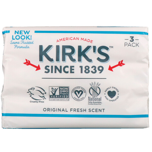 Kirk's‏, Gentle Castile Soap Bar, Original Fresh Scent, 3 Bars, 4 oz (113 g) Each