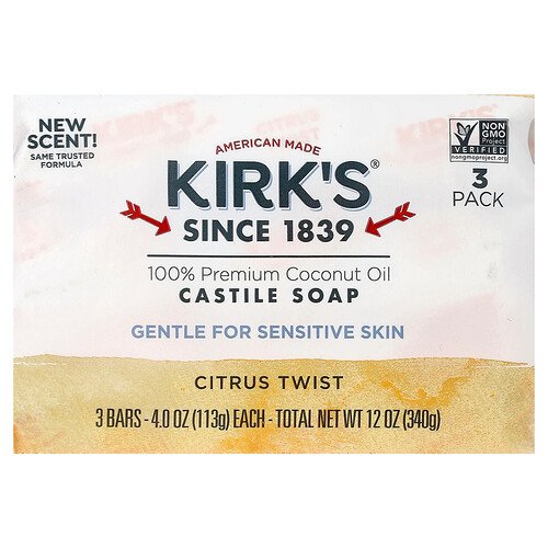 Kirk's 100% Premium Coconut Oil Castile Bar Soap, Citrus Twist, 3 Bars, 4 oz (113 g) Each