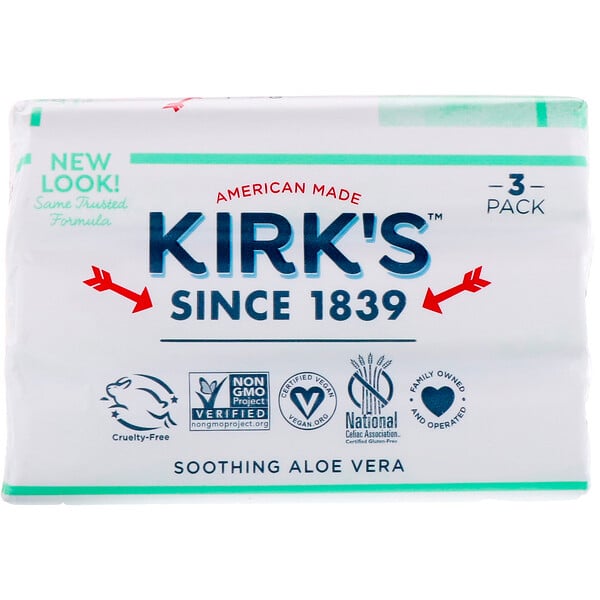 Kirk's‏, Gentle Castile Soap Bar, Soothing Aloe Vera, 3 Bars, 4 oz (113 g) Each
