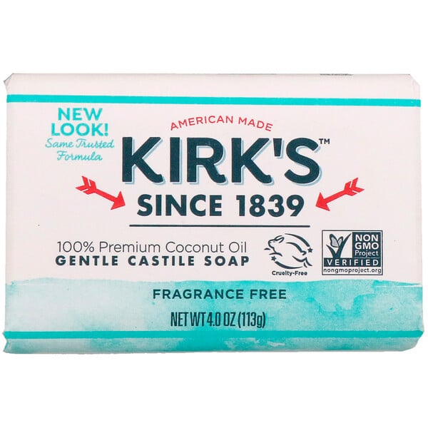 Kirk's, 100% Premium Coconut Oil Gentle Castile Soap, Fragrance Free,  4 oz (113 g)