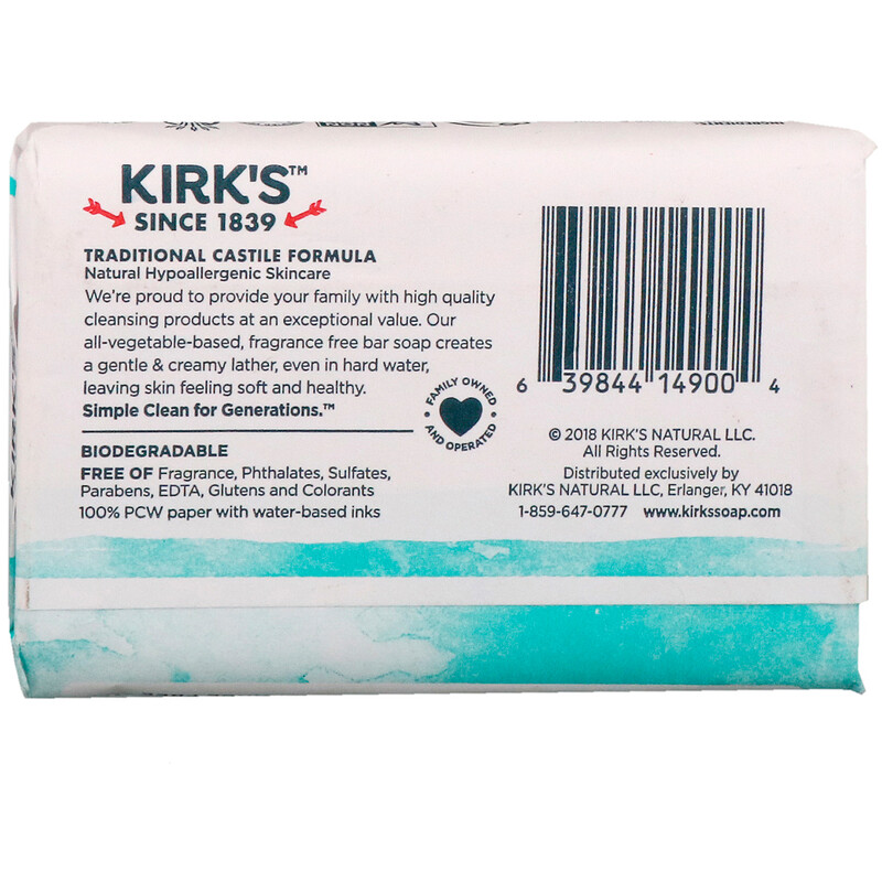 Kirk's, 100% Premium Coconut Oil Gentle Castile Soap, Fragrance Free, 4 ...