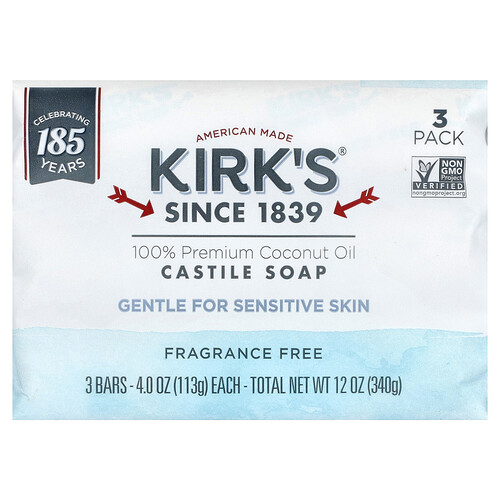 Kirk's, 100% Premium Coconut Oil Castile Bar Soap, Fragrance Free, 3 Bars, 4 oz (113 g) Each