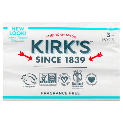 Купить Kirk's Нежное кастильское мыло с кокосовым маслом премиального качества, без отдушек, 3 шт. По 113 г (4 унции)
