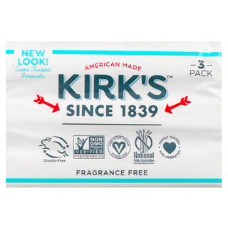 Kirk's, Gentle Castile Soap Bar, Fragrance Free, 3 Bars, 4.0 oz (113 g) Each