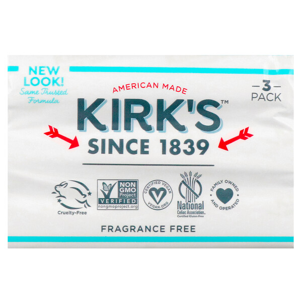 Kirk's, Gentle Castile Soap Bar, Fragrance Free, 3 Bars, 4.0 oz (113 g) Each