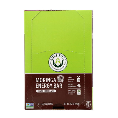 

Kuli Kuli, Moringa Energy Bar, Dark Chocolate, 12 Bars, 1.6 oz (45 g) Each