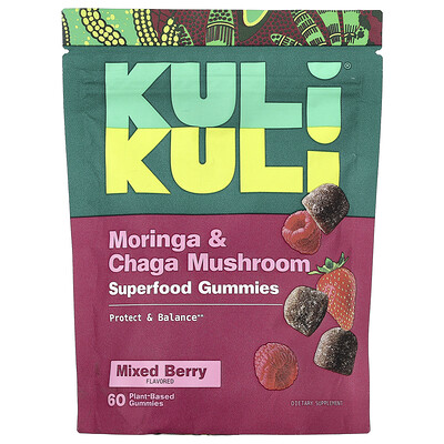 Kuli Kuli, Gomitas de superalimentos, Hongo moringa y chaga, Bayas mixtas, 60 gomitas de origen vegetal