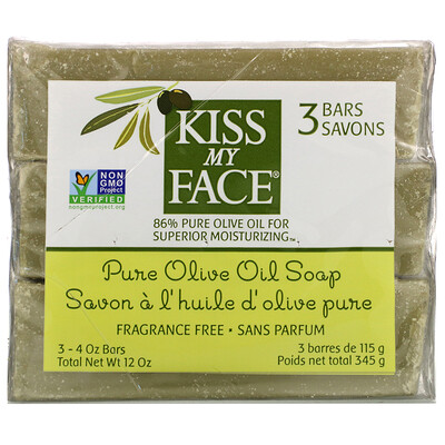 Купить Kiss My Face Pure Olive Oil Soap, Fragrance Free, 3 Bars, 4 oz (115 g) Each