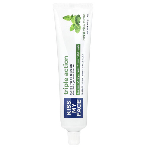 Kiss My Face, Triple Action Fluoride-Free Gel Toothpaste, fluoridfreie Gel-Zahnpasta mit Dreifachwirkung, Herbal Mint, 127,6 g (4,5 oz.)