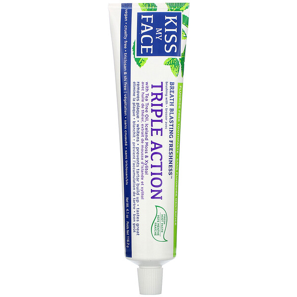 Kiss My Face‏, Triple Action Toothpaste with Tea Tree Oil, Iceland Moss & Xylitol, Fluoride Free, Fresh Mint Paste, 4.1 oz (116.2 g)