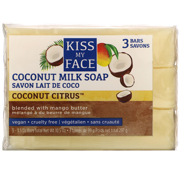 Kiss My Face, Мыло с кокосовым молоком, кокос и цитрусовые, 3 батончика по 3,5 унции (99 г) каждый