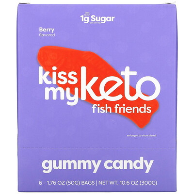 Kiss My Keto Fish Friends Gummy Candy, Berry Flavor, 6 Bags, 1.76 oz ( 50 g) Each