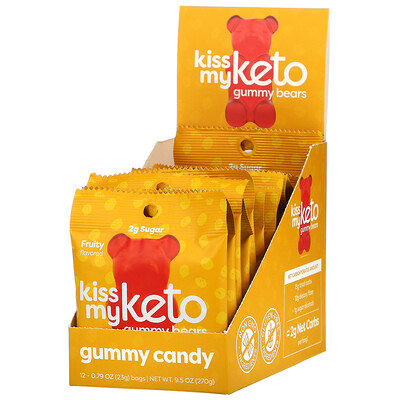 Kiss My Keto Keto Gummy Bears, жевательные мармеладки в форме мишек, подходит для кетодиеты, со вкусом фруктов, 12 пакетиков по 23 г (0,79 унции)