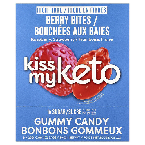 Kiss My Keto, Gummy Candy, Berry Bites, Raspberry, Strawberry, 8 Bags, 0.88 oz (25 g) Each