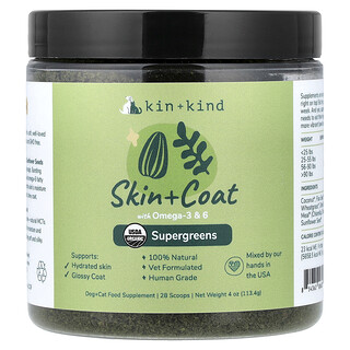 Kin+Kind, Hud + Päls, Supergreens För Hundar och Katter, 113,4 g