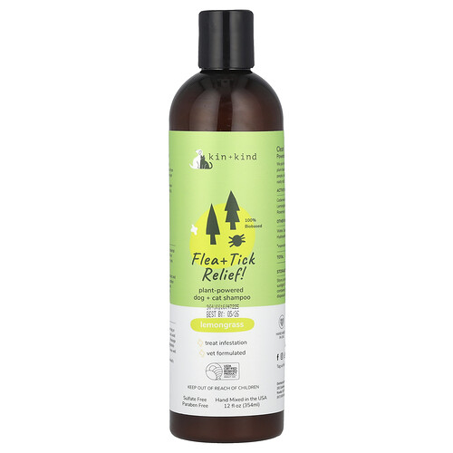 Kin+Kind, Flea + Tick Relief!, Plant-Powered Dog + Cat Shampoo, Lemongrass, 12 fl oz (354 ml)